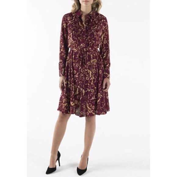 Nanette Lepore Burgundy Floral Paisley Long Sleeve Button Down Midi Shirt Dress - Picture 1 of 13